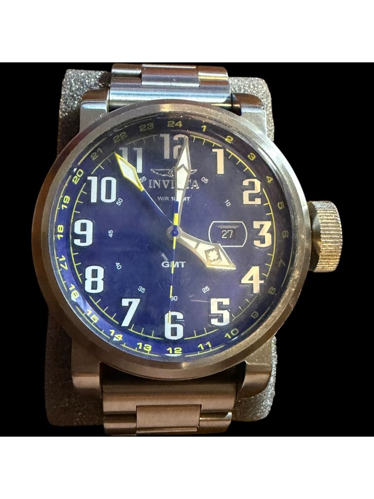 Invicta Mens Model 18887 Blue Dial Stainless Steel Gmt Watch 100m Water Resistan